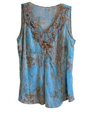 Beaded detail Boho Floral Tunic Top Sleeveless Blue & Brown Snake Print sheer